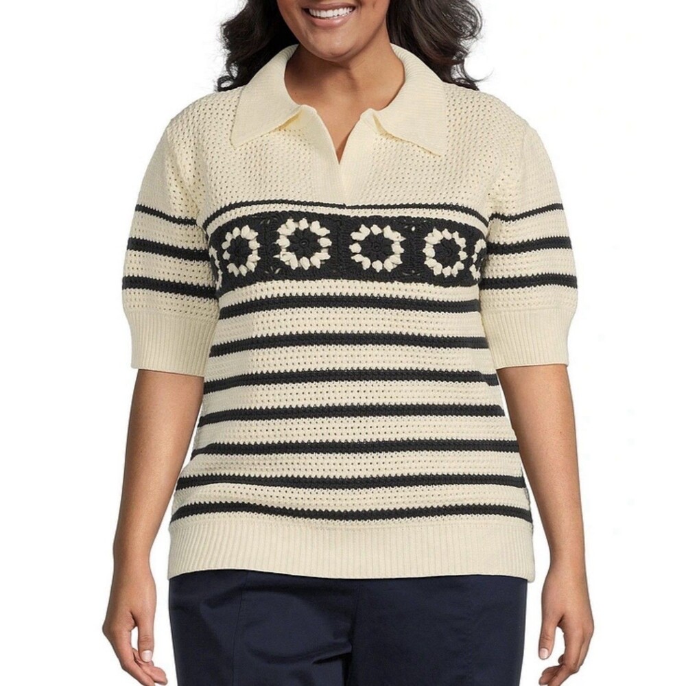 Skies Are Blue Crochet Knit Polo Shirt Womens 2X Old Money Preppy Coastal Boho